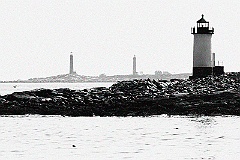Straitsmouth Island Light with Thacher Twin Lights Behind -BW